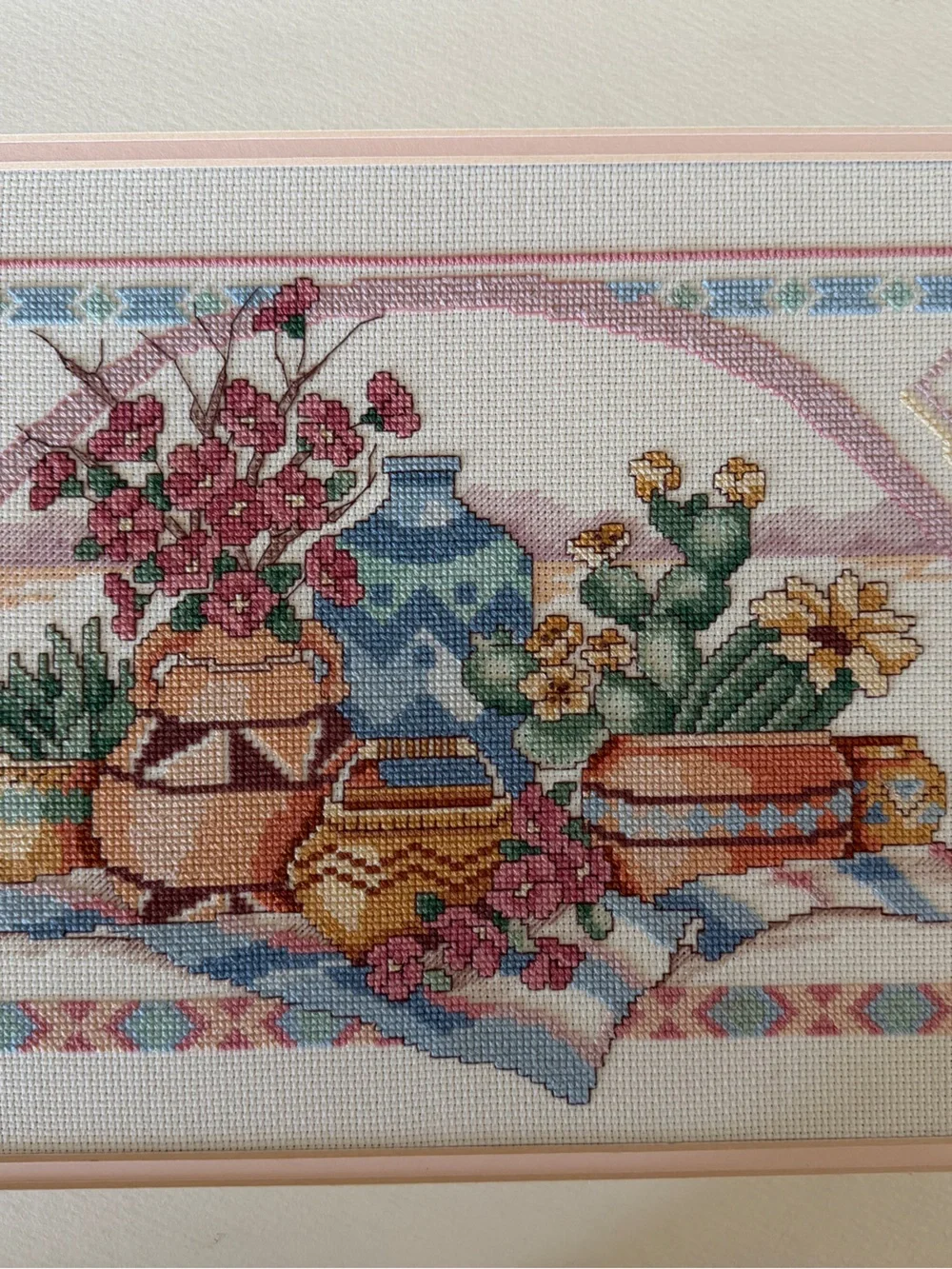 Framed Cross-Stitch Still Life with Vases and Flowers - Multicolor